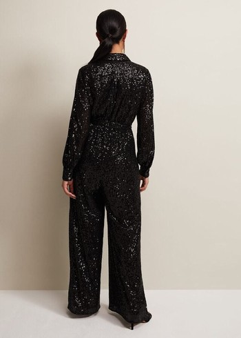 Phase Eight Petite Alessandra Sequin Jumpsuit Black USA | 5380964-CX